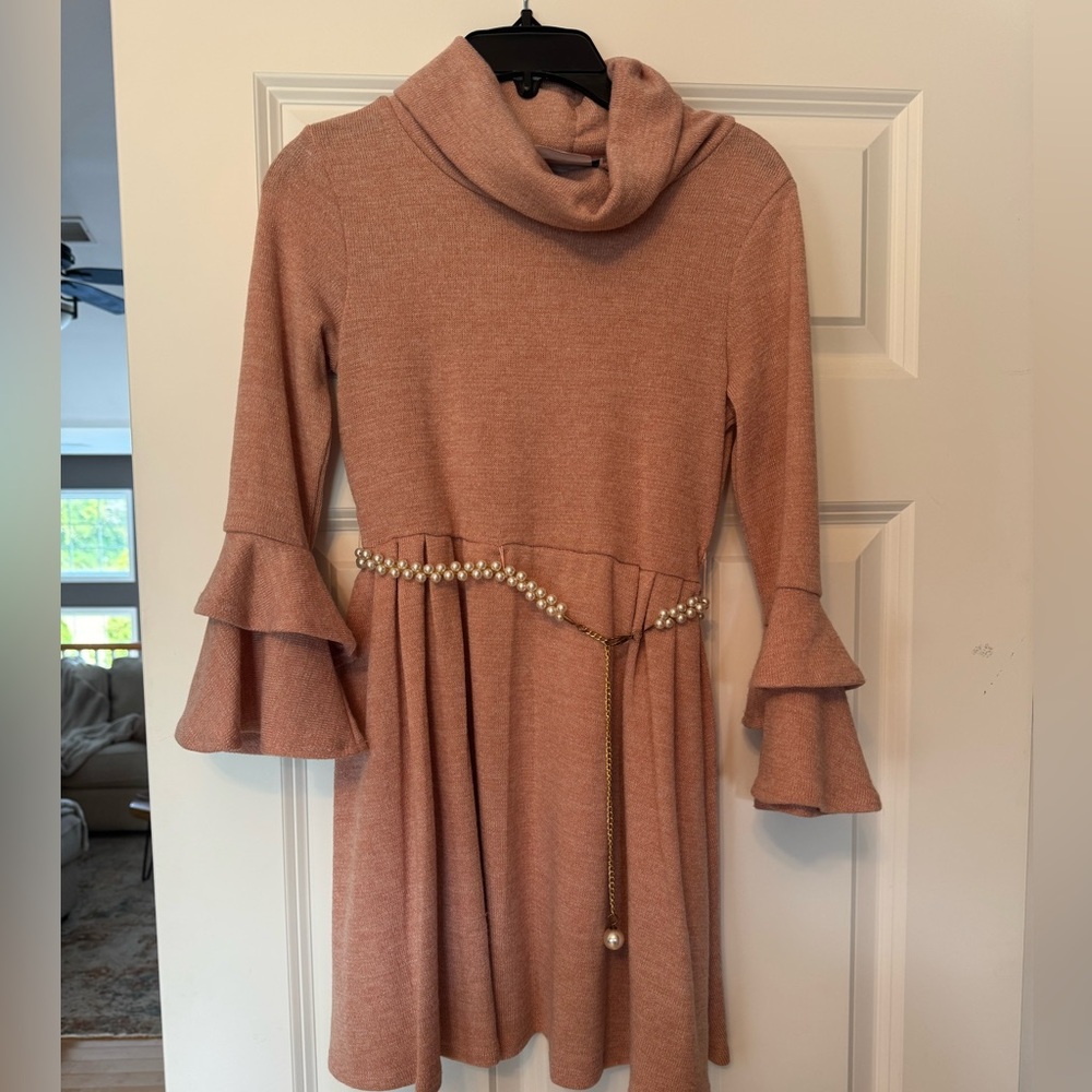 Rare Editions Pink Knit Dress with Pearl Belt